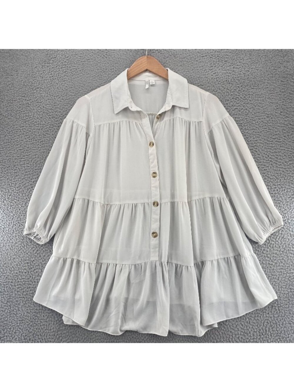 Cato Shirt Womens Large Ivory Button Up 3/4 Balloon Sleeve Ruched Tiered Tunic